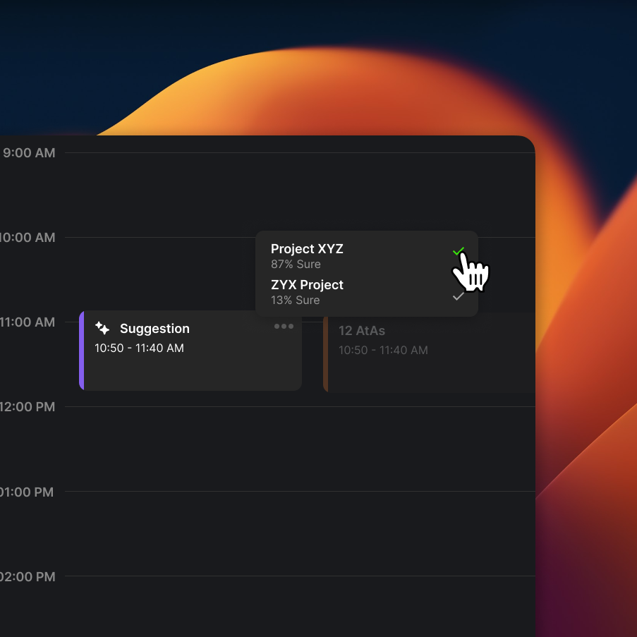 Stacktime can help you log your sessions faster by suggesting the most likely project you want to log.